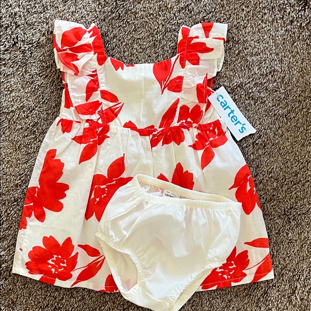 Carter's White Dress with Red Floral Print and Matching Bloomers Set
